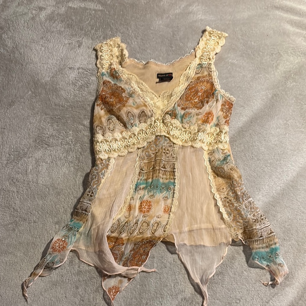 Patchwork Lace Blouse in Cream and Brown
